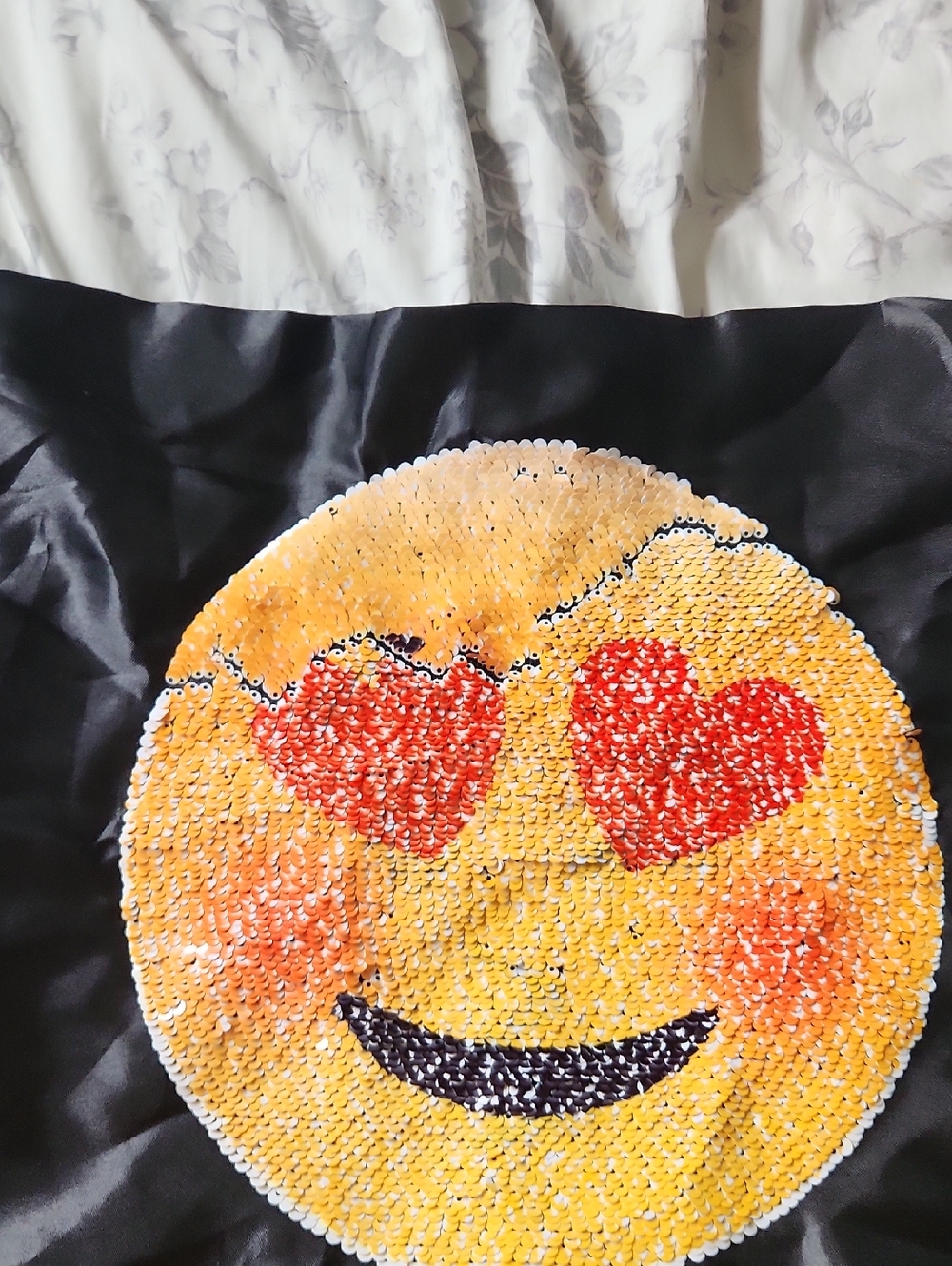 Sequin Heart-Eyes Emoji Patch Pillow Cover - Yellow & Red